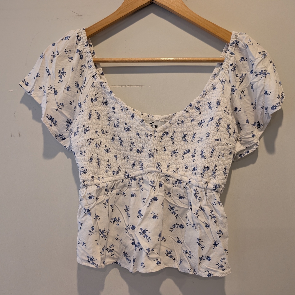 90s Hollister Flutter Sleeves Baby Doll Floral White Blue Top Milkmaid S Spring